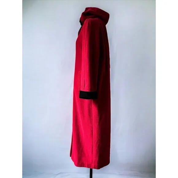 80s vintage Halston red hooded coat floor length wool coat 1980s